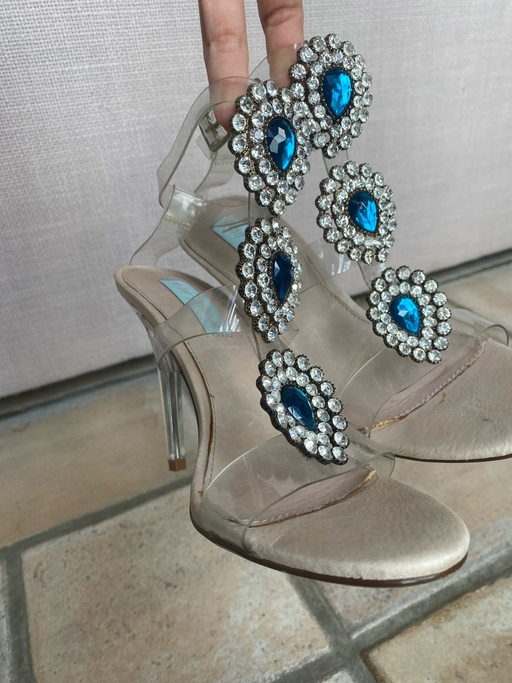 Betsey Johnson Clear Strap Heels with Blue Teardrop Rhinestones - Picture 6 of 12